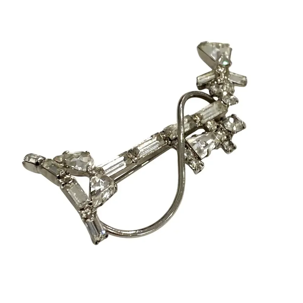 Vintage brooch silvertone and clear white rhinestone antique stick telephone pin
